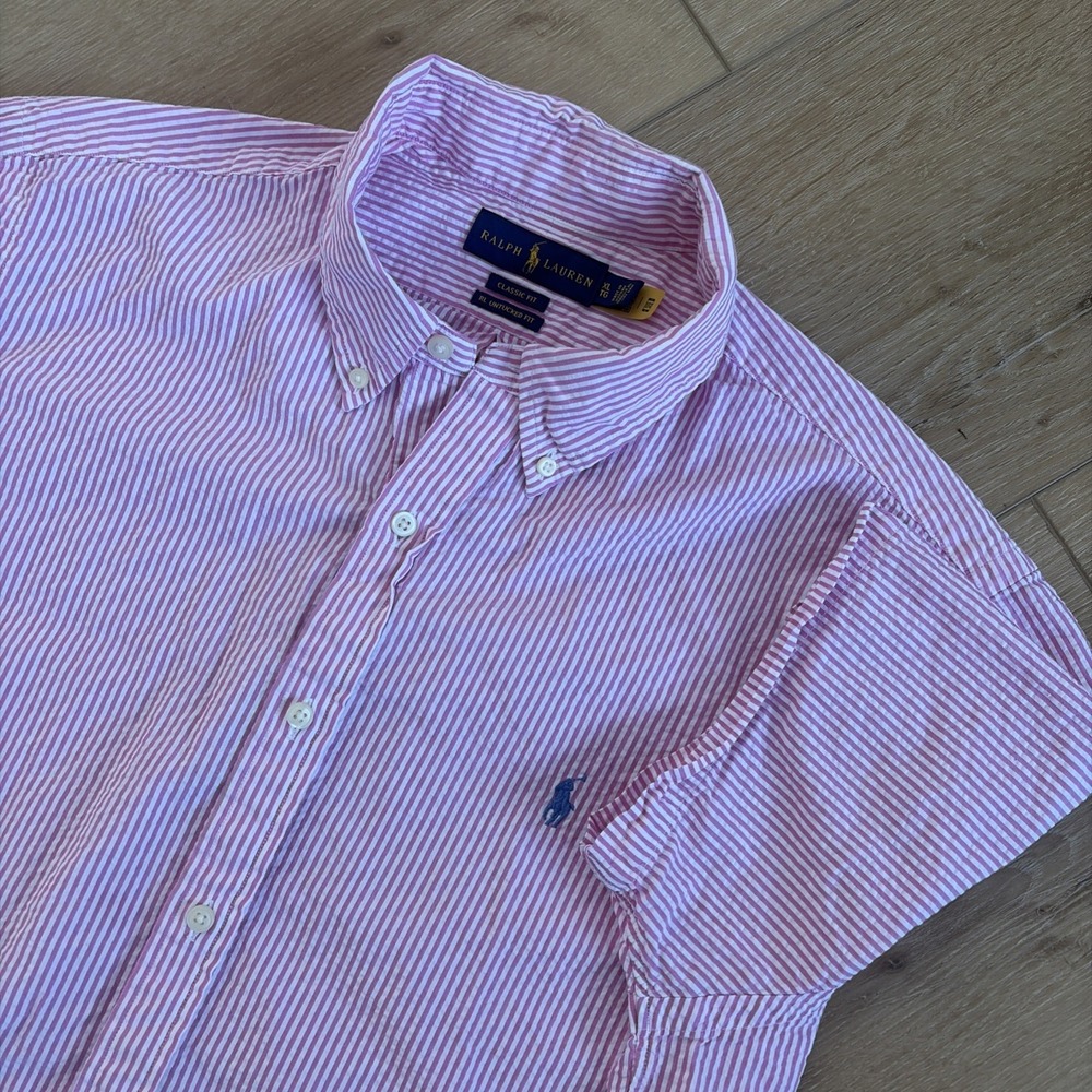 Ralph Lauren Seersucker Shirt Mens XL Pink Striped‎ Short Sleeve RL Untucked Fit